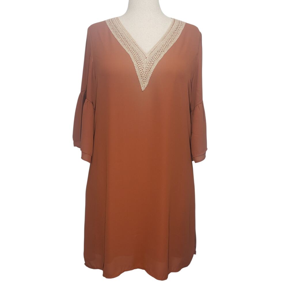 Hotouch Rust Swing Dress L Crochet V‑Neck Ruffle Sleeve Lined Boho Cottagecore